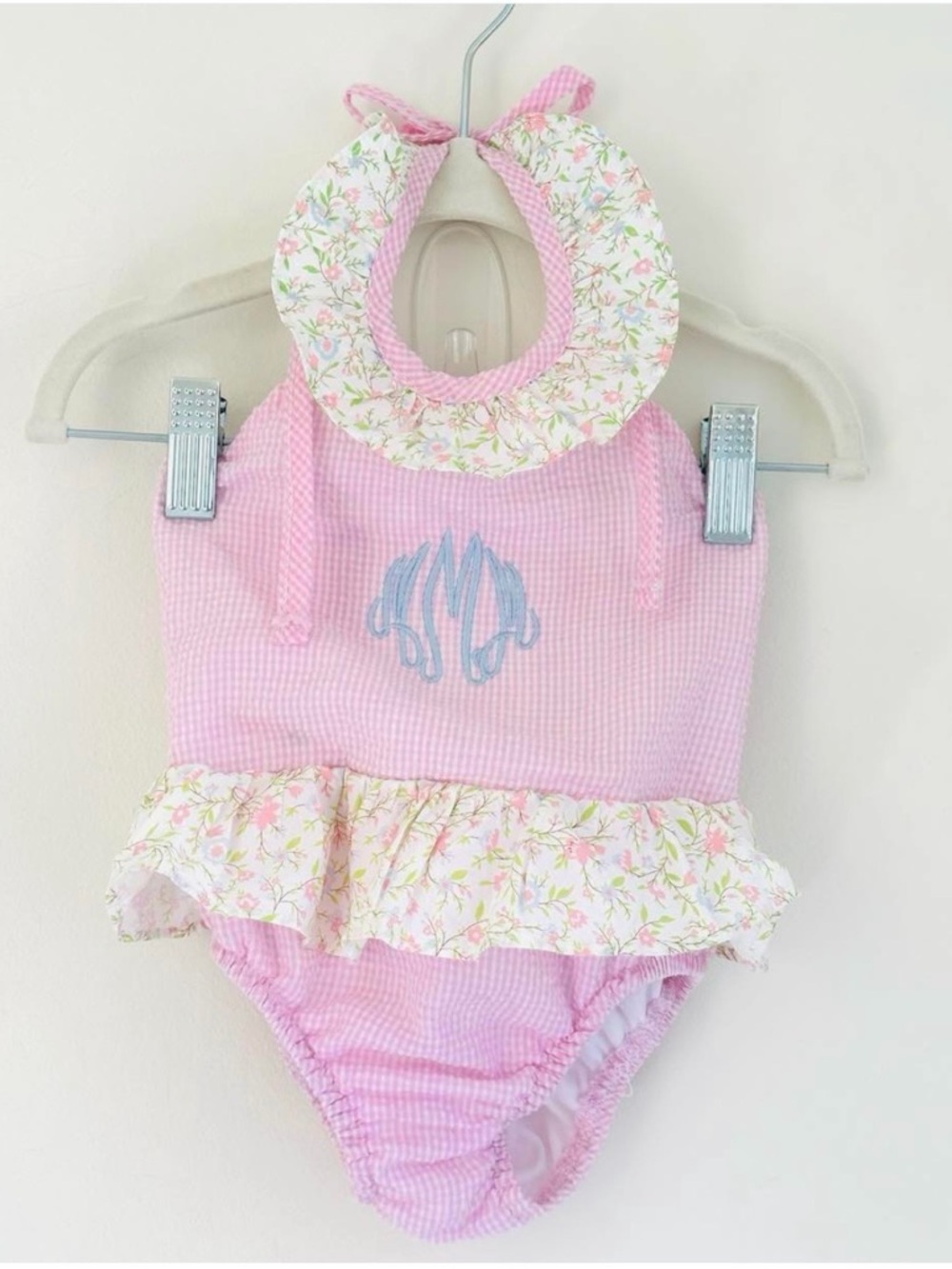 Cecil and Lou Pink Floral-Trim Seersucker Bathing suit